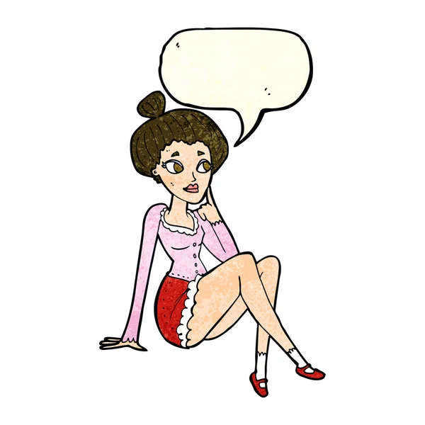 Fumetto attraente donna seduta pensando con la bolla discorso — Vettoriale Stock