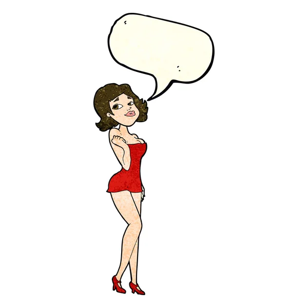 Cartoon attractive woman in short dress with speech bubble — Stock Vector