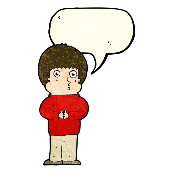 Desenho animado menino tímido com bolha de fala —  Vetores de Stock