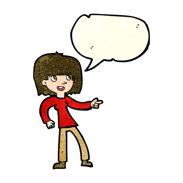 Cartoon menina apontando com bolha de fala — Vetor de Stock
