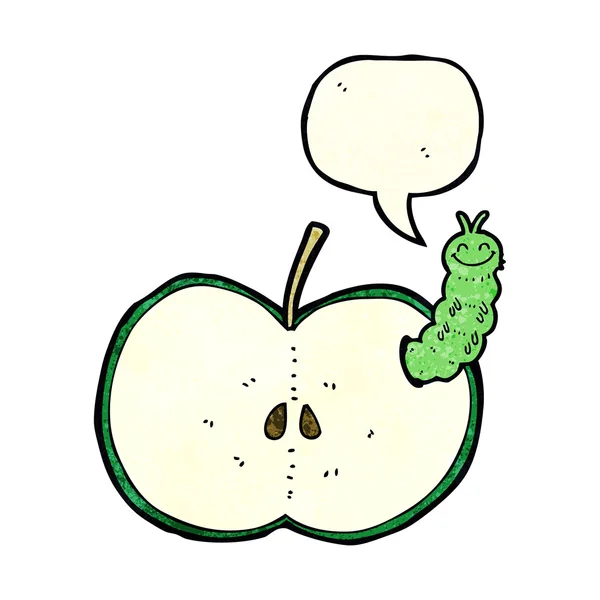 Cartoon bug eating apple with speech bubble — Stock Vector