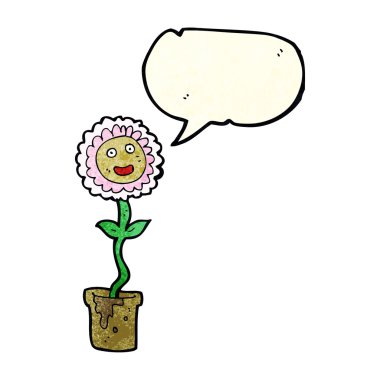 Yüzü konuşma baloncuğu olan karikatür çiçeği