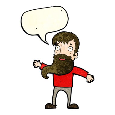 Çizgi filmdeki sakallı adam konuşma balonuyla el sallıyor.