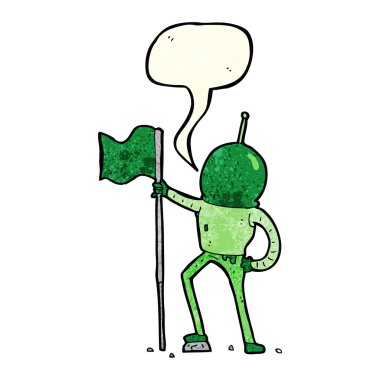 karikatür astronotu konuşma baloncuğu ile bayrak dikiyor