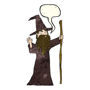 Konuşma baloncuğu olan yaşlı bir çizgi film sihirbazı