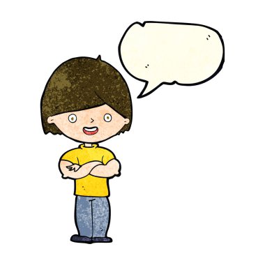 Konuşma baloncuğuyla çapraz kollu çizgi film adamı.