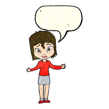 Çizgi filmdeki kadın konuşma balonuyla omuz silkiyor.