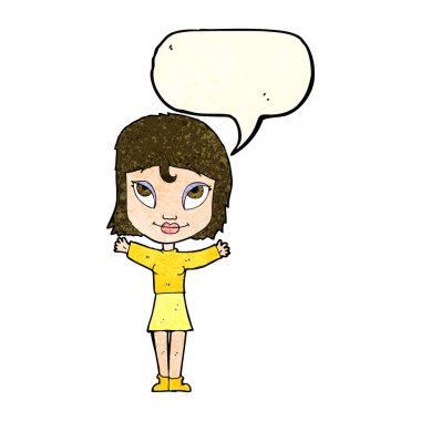 Konuşma balonuyla kollarını açmış çizgi film kadını.