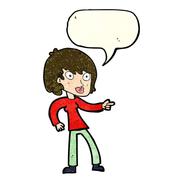 Cartoon woman pointing with speech bubble — Stock Vector