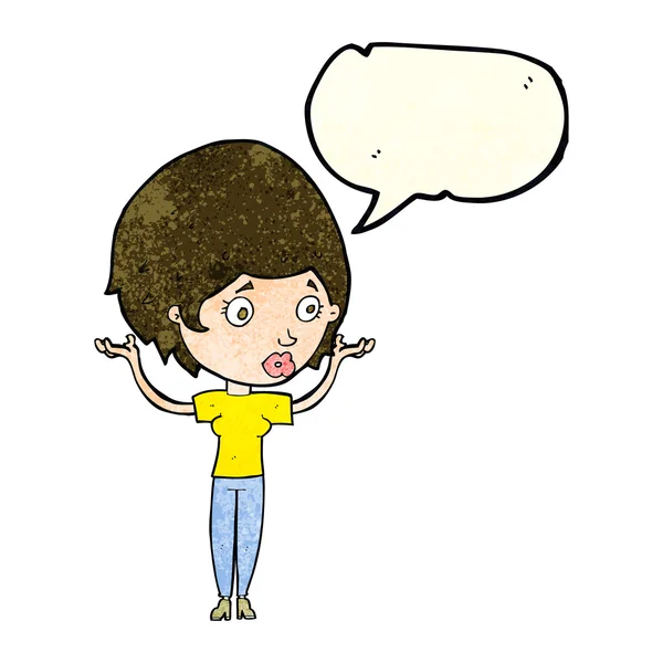 Femme dessin animé levant les mains dans l'air avec bulle de parole — Image vectorielle