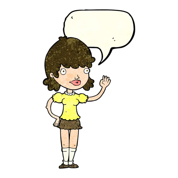 Cartoon zwaaien vrouw met tekstballon — Stockvector