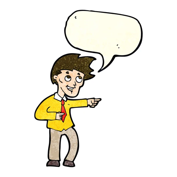 Γελοιογραφία αστείος άνθρωπος γραφείο δείχνει με φούσκα ομιλία — Διανυσματικό Αρχείο