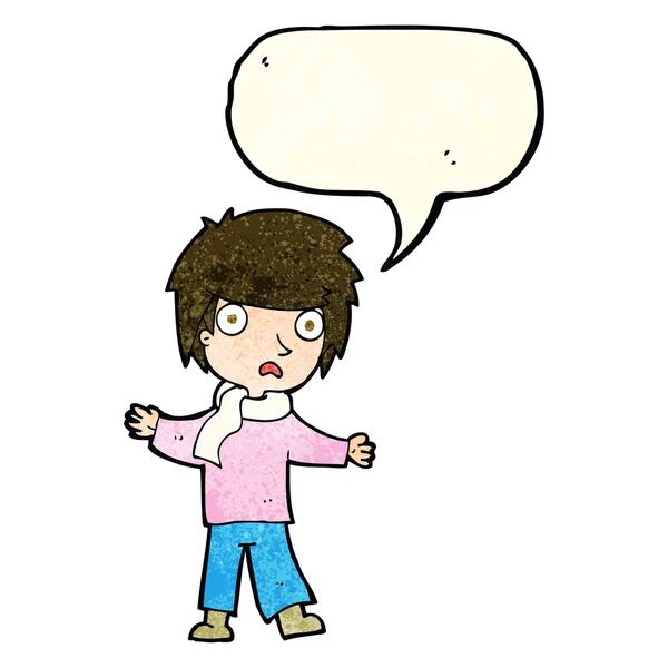 Cartoon ongelukkige jongen met spraakbel — Stockvector