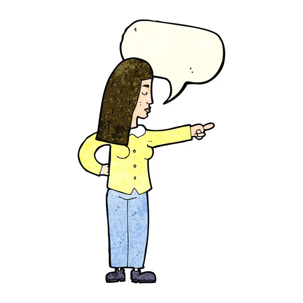 Cartoon woman pointing with speech bubble — Stock Vector