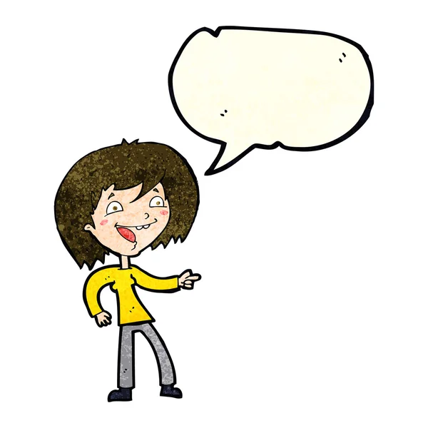 Γελοιογραφία γυναίκα γέλιο και δείχνοντας με φούσκα ομιλία — Διανυσματικό Αρχείο