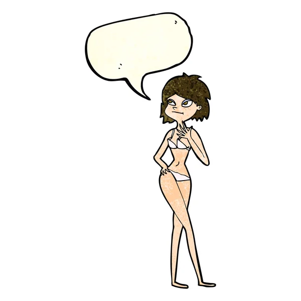 Cartoon vrouw in bikini met tekstballon — Stockvector