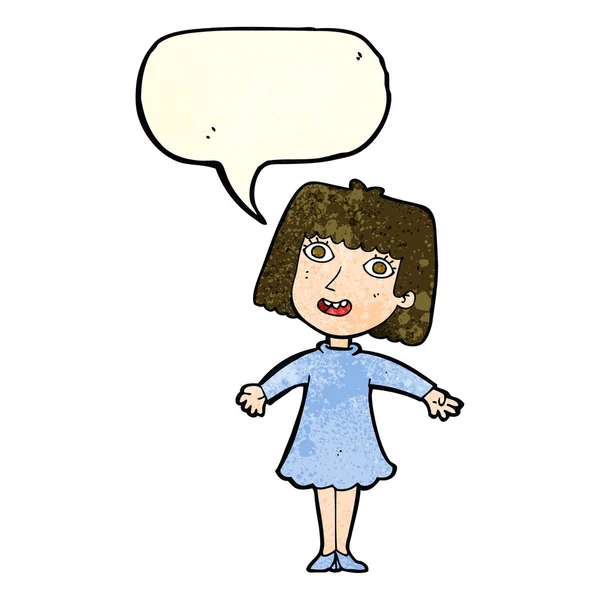 Dibujos animados mujer feliz en vestido con burbuja de habla — Vector de stock