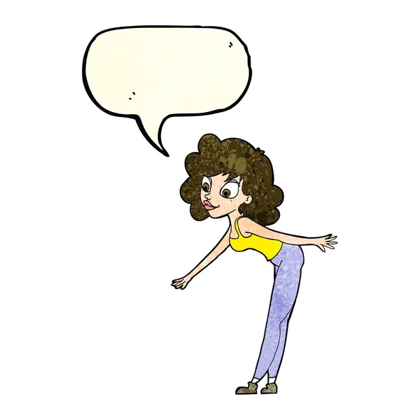 Cartoon mulher chegando para pegar algo com bolha de fala — Vetor de Stock
