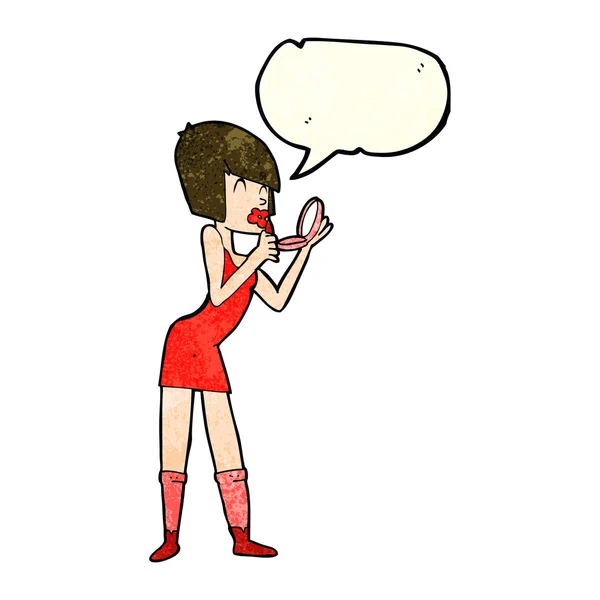 Cartoon vrouw van toepassing lippenstift met spraakzeepbel — Stockvector