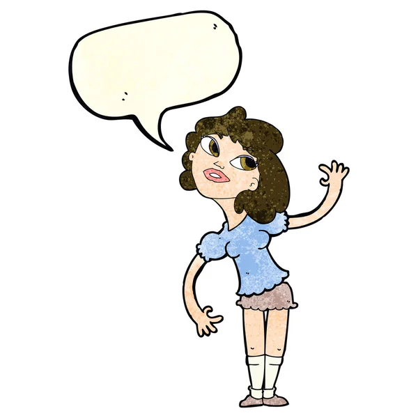 スピーチバブルで手を振っている漫画の女性 — ストックベクタ