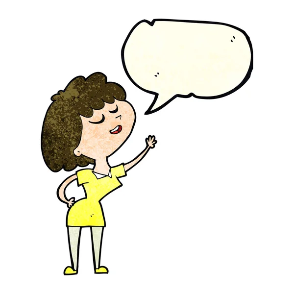 Cartoon happy woman about to speak with speech bubble — Stock Vector