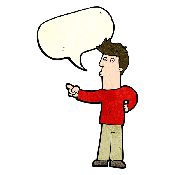 Καρτούν περίεργος άνθρωπος δείχνει με φούσκα ομιλία — Διανυσματικό Αρχείο