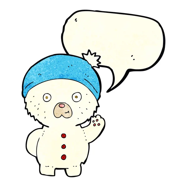 Cartoon waving polar teddy bear in winter hat with speech bubble — Stock Vector
