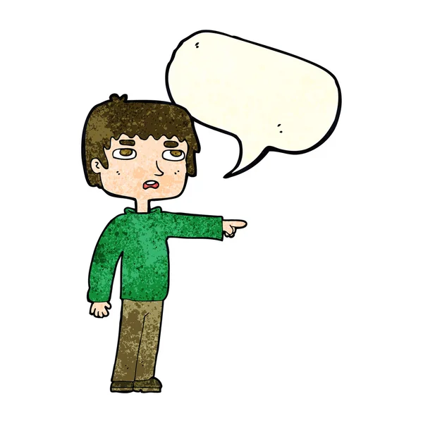 Dessin animé garçon pointant avec bulle de parole — Image vectorielle