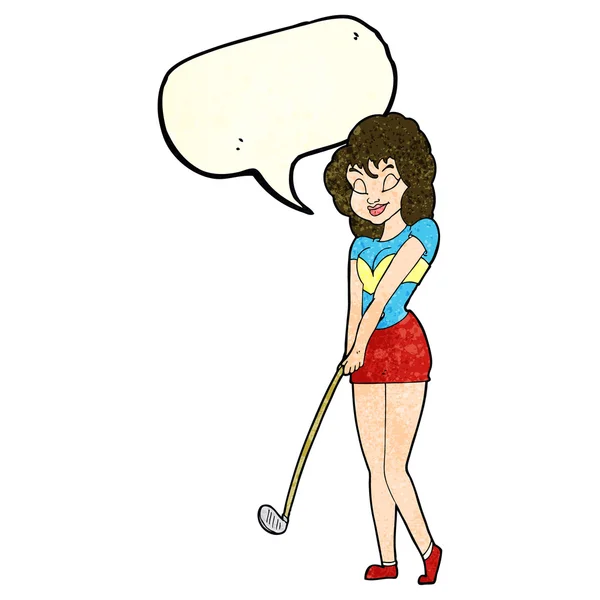 Cartoon vrouw golfen met tekstballon — Stockvector