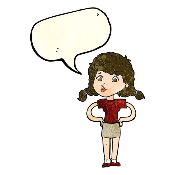 Cartoon mooi meisje met handen op heupen met spraakbel — Stockvector