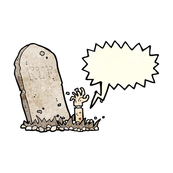 Zombie de dibujos animados levantándose de la tumba con la burbuja del habla — Vector de stock
