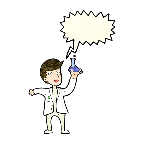 Cartoon happy scientist with speech bubble — Stock Vector