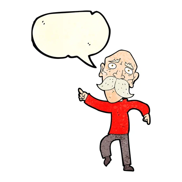 Cartoon sad old man pointing with speech bubble — Stock Vector