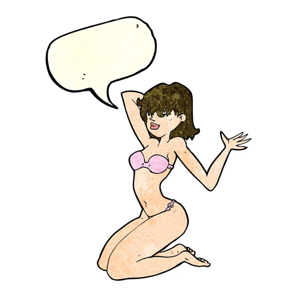 Cartoon sexy bikini girl with speech bubble — Stock Vector