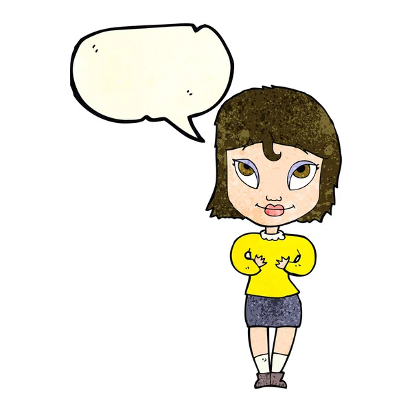 Cartoon vrouw gebaren op zelf met tekstballon — Stockvector