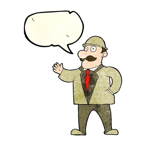 Hombre de negocios sensato de dibujos animados en sombrero de jugador de bolos con burbuja de habla — Vector de stock