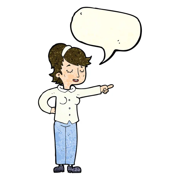 Cartoon friendly woman pointing with speech bubble — Stock Vector