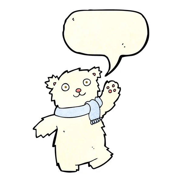 Ours en peluche dessin animé portant une écharpe avec bulle de parole — Image vectorielle