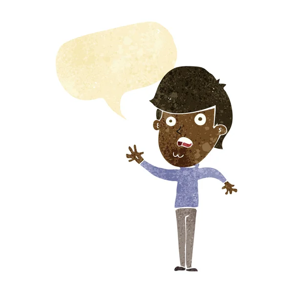 Desen animat băiat nefericit cu balon de vorbire — Vector de stoc