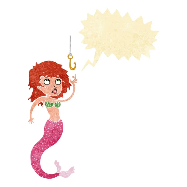 Sirena de dibujos animados y anzuelo de pescado con burbuja de habla — Vector de stock