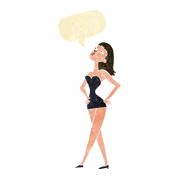 Mulher dos desenhos animados em vestido de festa com bolha de fala — Vetor de Stock