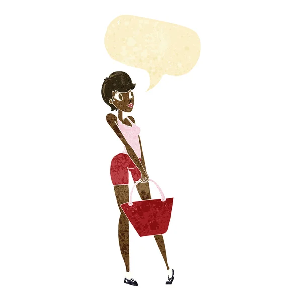 Dibujos animados atractiva mujer de compras con el habla burbuja — Archivo Imágenes Vectoriales