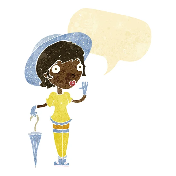 Cartoon woman in summer hat waving with speech bubble — Stock Vector