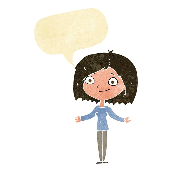 Cartoon woman shrugging shoulders with speech bubble — Stock Vector