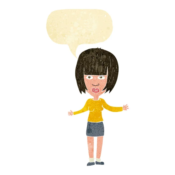 Cartoon woman shrugging shoulders with speech bubble — Stock Vector