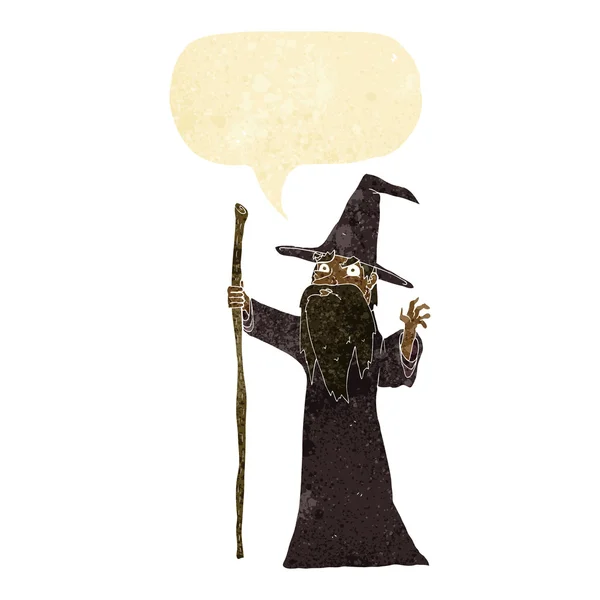 Cartoon spooky wizard met tekstballon — Stockvector