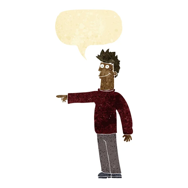 Γελοιογραφία χαρούμενος δείχνοντας άνθρωπος με φούσκα ομιλία — Διανυσματικό Αρχείο
