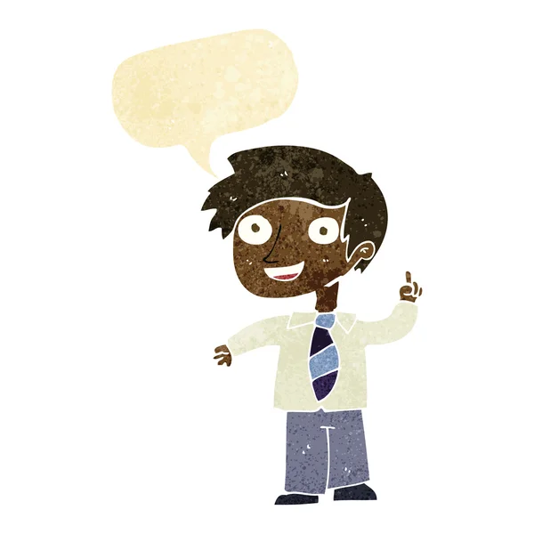 Cartoon school boy with idea with speech bubble — Stock Vector