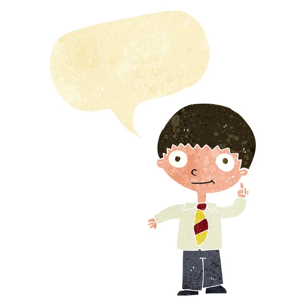 Cartoon school jongen met idee met spraakbel — Stockvector