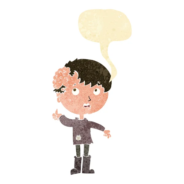 Dessin animé garçon avec croissance sur la tête avec bulle de parole — Image vectorielle